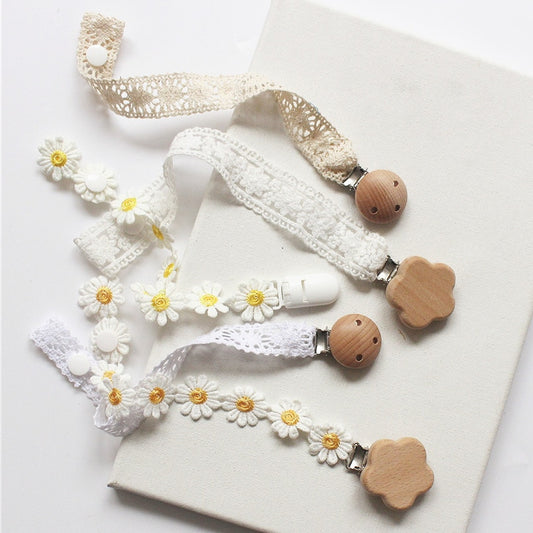 Baby Pacifier Clip Chain Daisy Lace  Anti-lost Pacifier Holder Newborn Infant Toddler Nipple Soother Clips Wooden Teether Toy